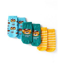 Cute Walk by Babyhug Knit Ankle Length Antibacterial Anti Skid Socks with Stripes & Tiger Design Pack of 3 - Green Light Blue & Yellow