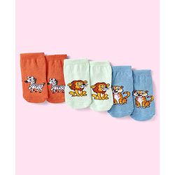 Cute Walk By Babyhug Non Terry Knit Anti-Bacterial Anti-Skid Ankle Length Socks With Animal Design Pack of 3 - Blue Green & Orange