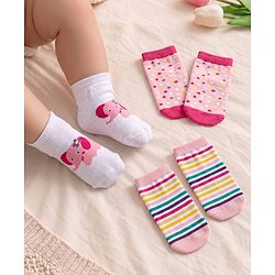 Cute Walk by Babyhug Ankle Length Antibacterial Socks with Stripes Polka Dots & Elephant Design Pack Of 3 - Pink & White