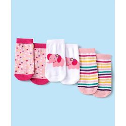 Cute Walk by Babyhug Ankle Length Antibacterial Socks with Stripes Polka Dots & Elephant Design Pack Of 3 - Pink & White