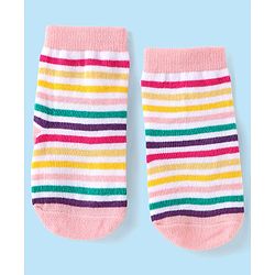 Cute Walk by Babyhug Ankle Length Antibacterial Socks with Stripes Polka Dots & Elephant Design Pack Of 3 - Pink & White