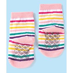 Cute Walk by Babyhug Ankle Length Antibacterial Socks with Stripes Polka Dots & Elephant Design Pack Of 3 - Pink & White