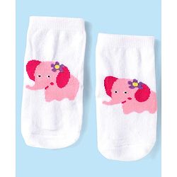 Cute Walk by Babyhug Ankle Length Antibacterial Socks with Stripes Polka Dots & Elephant Design Pack Of 3 - Pink & White