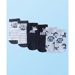 Cute Walk by Babyhug Knit Ankle Length Antibacterial Anti Skid Socks with Stripes & Animal Design Pack of 3 - Navy & Light Blue