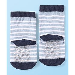Cute Walk by Babyhug Knit Ankle Length Antibacterial Anti Skid Socks with Stripes & Animal Design Pack of 3 - Navy & Light Blue