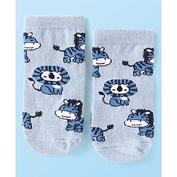 Cute Walk by Babyhug Knit Ankle Length Antibacterial Anti Skid Socks with Stripes & Animal Design Pack of 3 - Navy & Light Blue