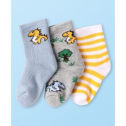 Cute Walk by Babyhug Terry Knit Ankle Length Antibacterial Socks with Dino Design & Stripes Pack of 3 - Grey Light Blue & White