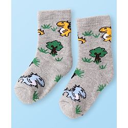 Cute Walk by Babyhug Terry Knit Ankle Length Antibacterial Socks with Dino Design & Stripes Pack of 3 - Grey Light Blue & White