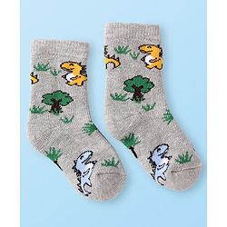 Cute Walk by Babyhug Terry Knit Ankle Length Antibacterial Socks with Dino Design & Stripes Pack of 3 - Grey Light Blue & White