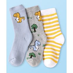 Cute Walk by Babyhug Terry Knit Ankle Length Antibacterial Socks with Dino Design & Stripes Pack of 3 - Grey Light Blue & White