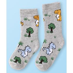 Cute Walk by Babyhug Terry Knit Ankle Length Antibacterial Socks with Dino Design & Stripes Pack of 3 - Grey Light Blue & White