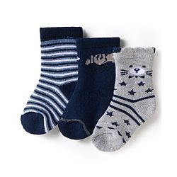 Cute Walk by Babyhug Terry Knit Ankle Length Antibacterial Socks with Stripes & Animal Design Pack of 3 - Navy Blue & Grey