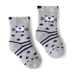 Cute Walk by Babyhug Terry Knit Ankle Length Antibacterial Socks with Stripes & Animal Design Pack of 3 - Navy Blue & Grey