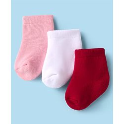 CuteWalk By Babyhug Knit Ankle Length Anti-Bacterial Solid Color Socks Pack of 3 - Pink White & Maroon