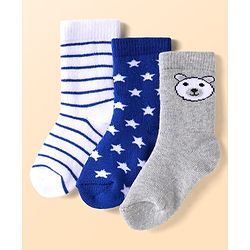 Cute Walk by Babyhug Terry Knit Ankle Length Antibacterial Striped Socks with Stars & Bear Design Pack of 3 - White Blue & Grey