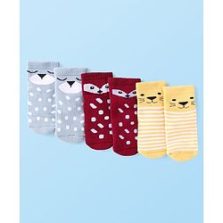 Cute Walk by Babyhug Terry Knit Ankle Length Antibacterial Striped Socks with Polka Dots & Animal Design Pack of 3 - Light Blue Yellow & Red