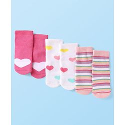 Cute Walk by Babyhug Terry Knit Ankle Length Antibacterial Socks with Stripes & Hearts Design Pack of 3 - Pink & White
