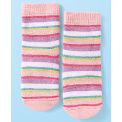 Cute Walk by Babyhug Terry Knit Ankle Length Antibacterial Socks with Stripes & Hearts Design Pack of 3 - Pink & White