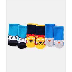 Cute Walk by Babyhug Ankle Length Antibacterial Socks with Animal Design Pack Of 3 - Blue & Yellow