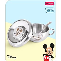 Babyhug Disney Mickey Mouse Steel Feeding Bowl with Spoon and Lid| Easy to Clean & Maintain| Encourage Self Feeding| Laser Print| Dishwasher Safe| Gifting Option Silver - 300 ml