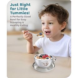 Babyhug Disney Mickey Mouse Steel Feeding Bowl with Spoon and Lid| Easy to Clean & Maintain| Encourage Self Feeding| Laser Print| Dishwasher Safe| Gifting Option Silver - 300 ml