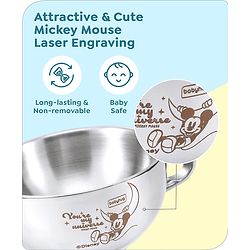 Babyhug Disney Mickey Mouse Steel Feeding Bowl with Spoon and Lid| Easy to Clean & Maintain| Encourage Self Feeding| Laser Print| Dishwasher Safe| Gifting Option Silver - 300 ml