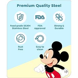 Babyhug Disney Mickey Mouse Steel Feeding Bowl with Spoon and Lid| Easy to Clean & Maintain| Encourage Self Feeding| Laser Print| Dishwasher Safe| Gifting Option Silver - 300 ml