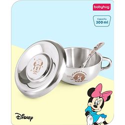 Babyhug Disney Minnie Mouse Steel Feeding Bowl with Spoon and Lid| Easy to Clean & Maintain| Encourage Self Feeding| Laser Print| Dishwasher Safe| Gifting Option Silver - 300 ml