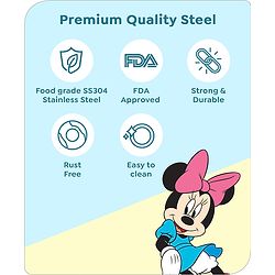 Babyhug Disney Minnie Mouse Steel Feeding Bowl with Spoon and Lid| Easy to Clean & Maintain| Encourage Self Feeding| Laser Print| Dishwasher Safe| Gifting Option Silver - 300 ml