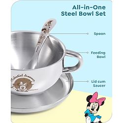 Babyhug Disney Minnie Mouse Steel Feeding Bowl with Spoon and Lid| Easy to Clean & Maintain| Encourage Self Feeding| Laser Print| Dishwasher Safe| Gifting Option Silver - 300 ml