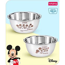 Babyhug Disney Mickey Mouse Stainless Steel Feeding Bowl Set | Easy to Clean & Maintain| Encourage Self Feeding| Laser Print| Dishwasher Safe| Gifting Option Silver Pack of  2 - 150 ml