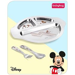 Babyhug Disney Mickey Mouse Stainless Steel 3 Section Plate with Spoon & Fork Set| Easy to Clean & Maintain| Encourage Self Feeding| Laser Print| Dishwasher Safe| Gifting Option - Silver