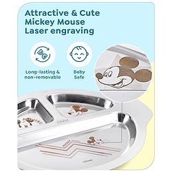 Babyhug Disney Mickey Mouse Stainless Steel 3 Section Plate with Spoon & Fork Set| Easy to Clean & Maintain| Encourage Self Feeding| Laser Print| Dishwasher Safe| Gifting Option - Silver