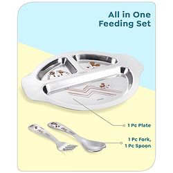 Babyhug Disney Mickey Mouse Stainless Steel 3 Section Plate with Spoon & Fork Set| Easy to Clean & Maintain| Encourage Self Feeding| Laser Print| Dishwasher Safe| Gifting Option - Silver