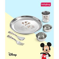 Babyhug Disney Mickey Mouse Stainless Steel Dinner Set Round - 6 Pieces| Easy to Clean & Maintain| Encourage Self Feeding| Laser Print| Dishwasher Safe| Gifting Option - Silver