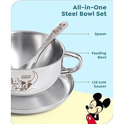 Babyhug Disney Mickey Mouse Stainless Steel Dinner Set Round - 6 Pieces| Easy to Clean & Maintain| Encourage Self Feeding| Laser Print| Dishwasher Safe| Gifting Option - Silver