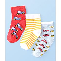 Cute Walk by Babyhug Ankle Length Antibacterial Socks with Vehicle Design Pack Of 3 - White & Red