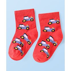 Cute Walk by Babyhug Ankle Length Antibacterial Socks with Vehicle Design Pack Of 3 - White & Red