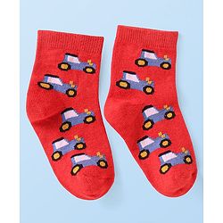 Cute Walk by Babyhug Ankle Length Antibacterial Socks with Vehicle Design Pack Of 3 - White & Red