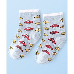 Cute Walk by Babyhug Ankle Length Antibacterial Socks with Vehicle Design Pack Of 3 - White & Red