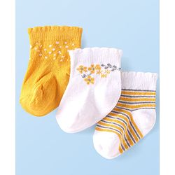 Cute Walk by Babyhug Ankle Length Antibacterial Socks with Floral Design Pack Of 3 - White & Yellow