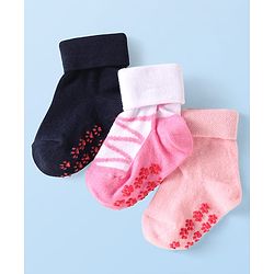Cute Walk by Babyhug Ankle Length Antibacterial Socks with Floral Design Pack Of 3 - Blue Pink & White