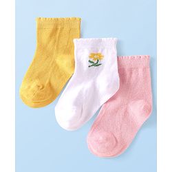 Cute Walk by Babyhug Ankle Length Antibacterial Socks with Floral Design Pack Of 3 - Yellow Pink & White