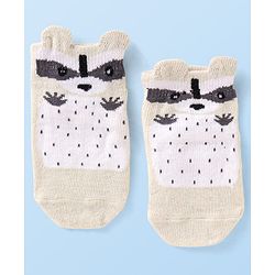 Cutewalk by Babyhug Knit Anti-Bacterial Ankle Length Anti-Skid Sock with Raccoon Applique - Cream