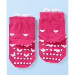 Cutewalk by Babyhug Non Terry Knit Anti-Bacterial Ankle Length Anti-Skid Socks with Bunny Applique - Dark Pink