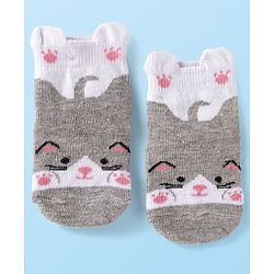 Cutewalk by Babyhug Anti-Bacterial Ankle Length Anti-Skid Socks with Kitty Applique - Grey