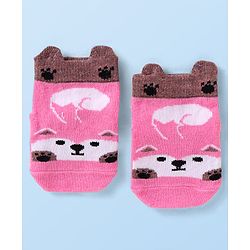 Cutewalk by Babyhug Non Terry Knit Anti-Bacterial Ankle Length Anti-Skid Socks with Animal Applique - Dark Pink