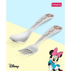 Babyhug Disney Mickey Mouse Stainless Steel Fork & Spoon Set | Easy to Clean & Maintain| Encourage Self Feeding| Laser Print| Dishwasher Safe| Gifting Option - Silver