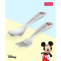 Babyhug Disney Mickey Mouse Stainless Steel Fork & Spoon Set | Easy to Clean & Maintain| Encourage Self Feeding| Laser Print| Dishwasher Safe| Gifting Option - Silver