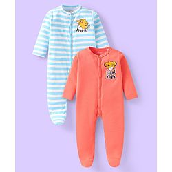 Babyhug Disney Interlock Knit Full Sleeves Footed Sleep Suits With Lion King Graphics Pack of 2 - Coral & Light Blue